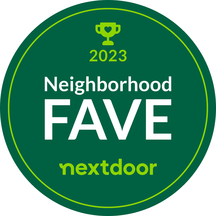 A green circular badge with the text "2023 Neighborhood FAVE" and "nextdoor" written at the bottom, featuring a small trophy icon at the top - Carmel Valley Dental A green circular badge with the text "2023 Neighborhood FAVE" and "nextdoor" written at the bottom, featuring a small trophy icon at the top - Carmel Valley Dental