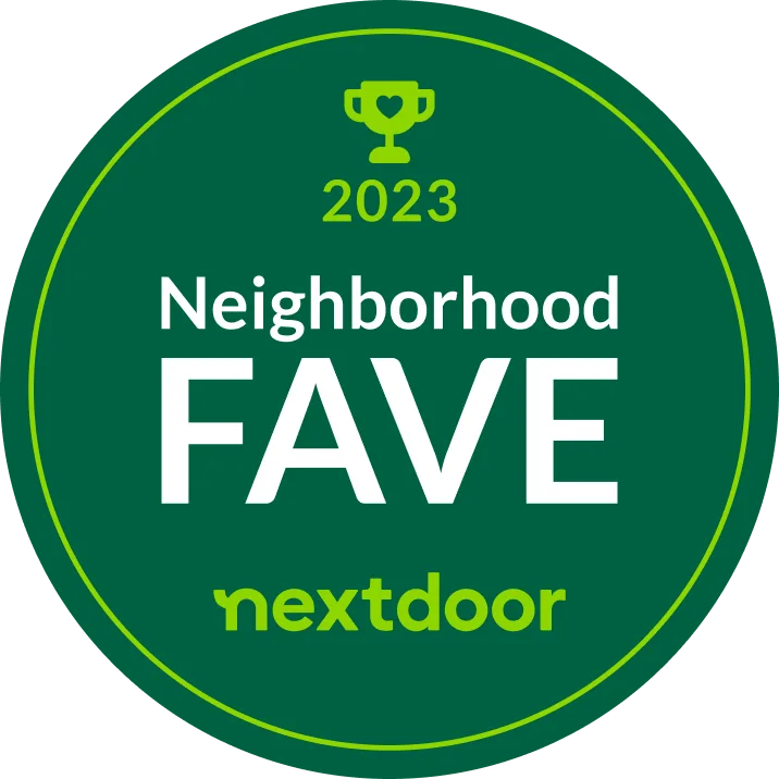 A green circular badge with the text "2023 Neighborhood FAVE" and "nextdoor" written at the bottom, featuring a small trophy icon at the top - Carmel Valley Dental A green circular badge with the text "2023 Neighborhood FAVE" and "nextdoor" written at the bottom, featuring a small trophy icon at the top - Carmel Valley Dental